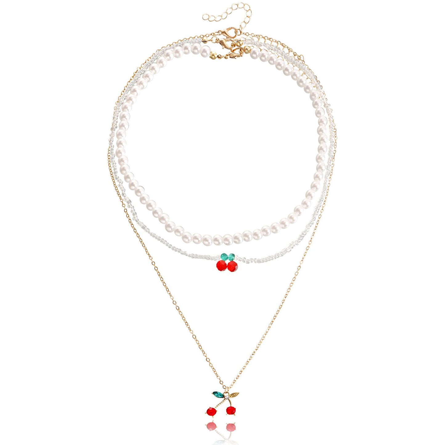 Jewelry fashion double red cherry pendant necklace female imitation pearl necklace ins necklace