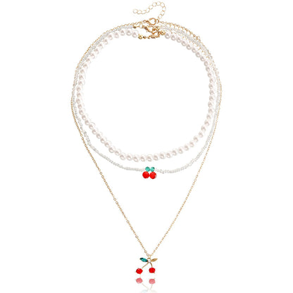 Jewelry fashion double red cherry pendant necklace female imitation pearl necklace ins necklace