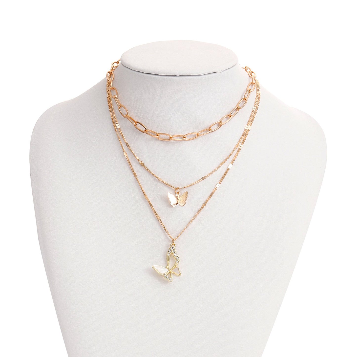 Jewelry colorful light luxury trend multi-layer back-shaped chain micro-inlaid mother-of-pearl butterfly pendant necklace female