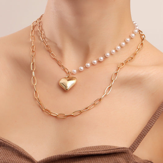 Jewelry punk double-layer geometric big heart pendant imitation pearl necklace female ins all-match necklace