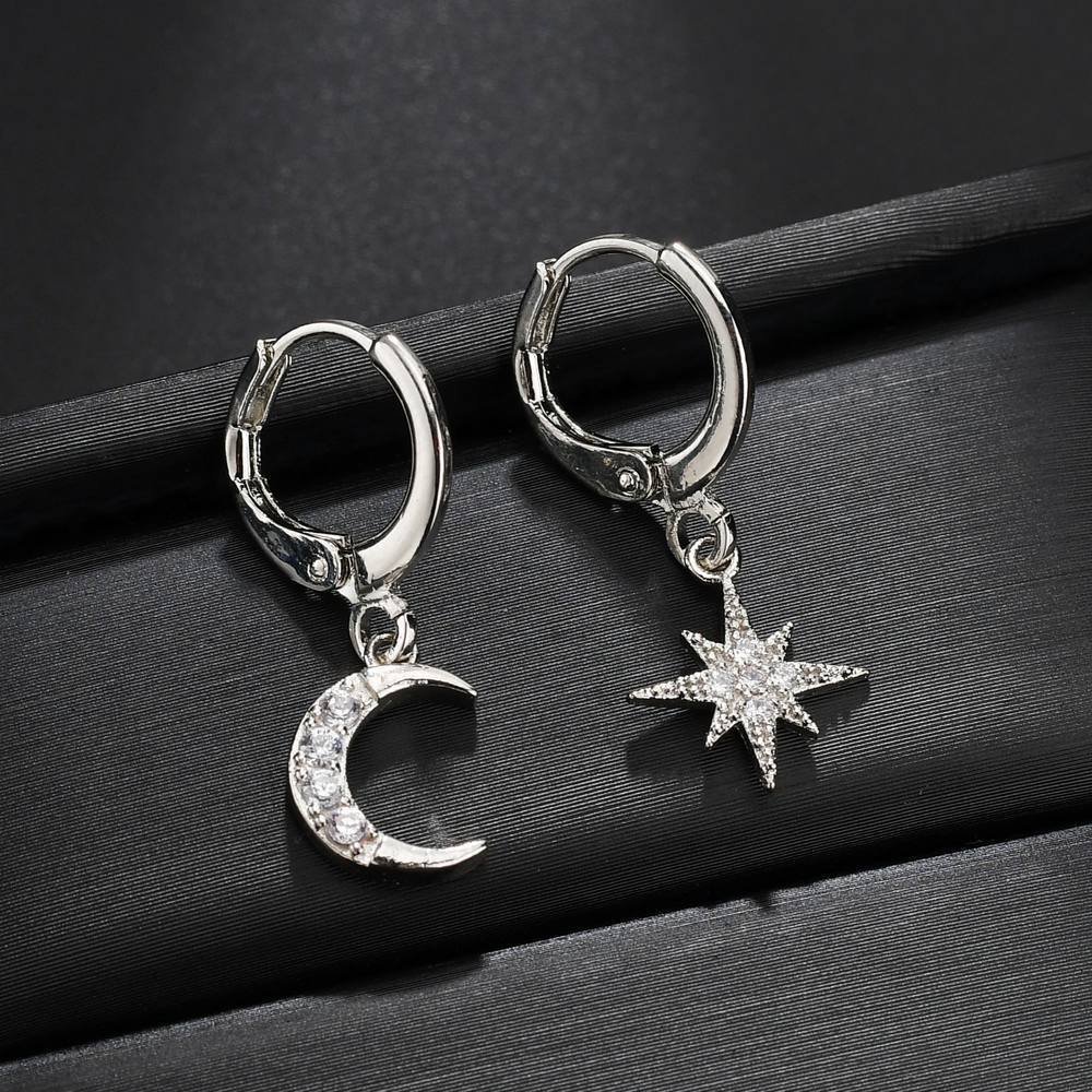 Accessories Personality Asymmetrical Star Moon Earrings Female Micro-inlaid Zircon Earrings Earrings Jewelry