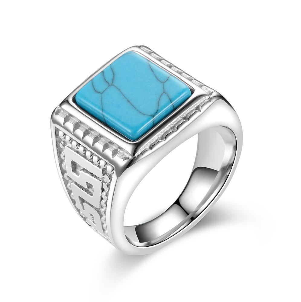 Turquoise Titanium Steel Ring Retro Micro-set Gemstone Stainless Steel Couple Ring Jewelry