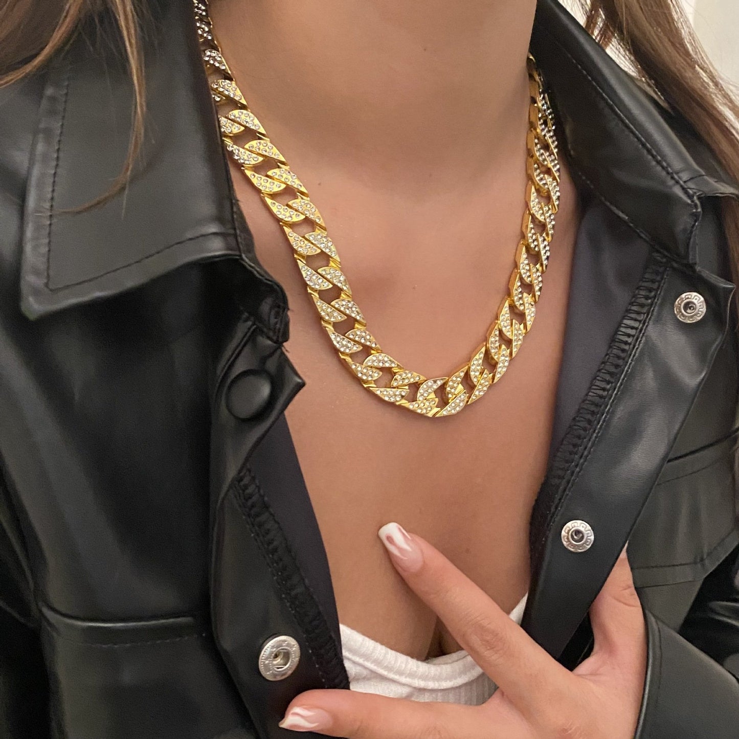 Jewelry Hip Hop Retro Full Diamond Cuban Chain Necklace Trend Metal Diamond Chain Men's and Women's Necklace