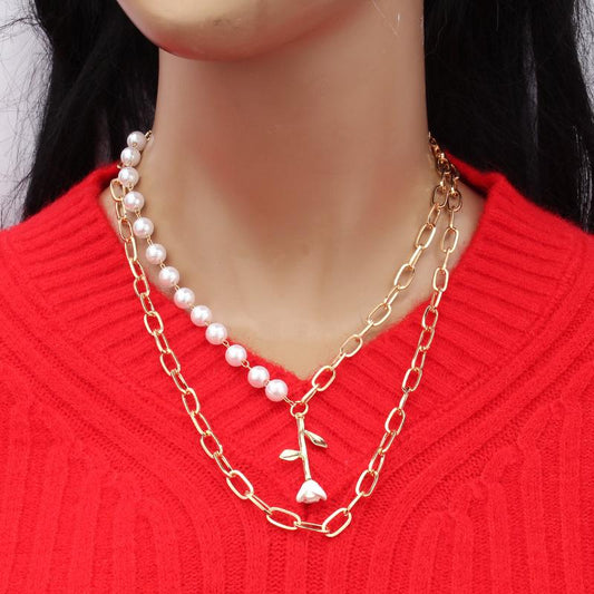 Jewelry double-layer paper clip chain pearl rose pendant necklace trendy small fragrance female necklace