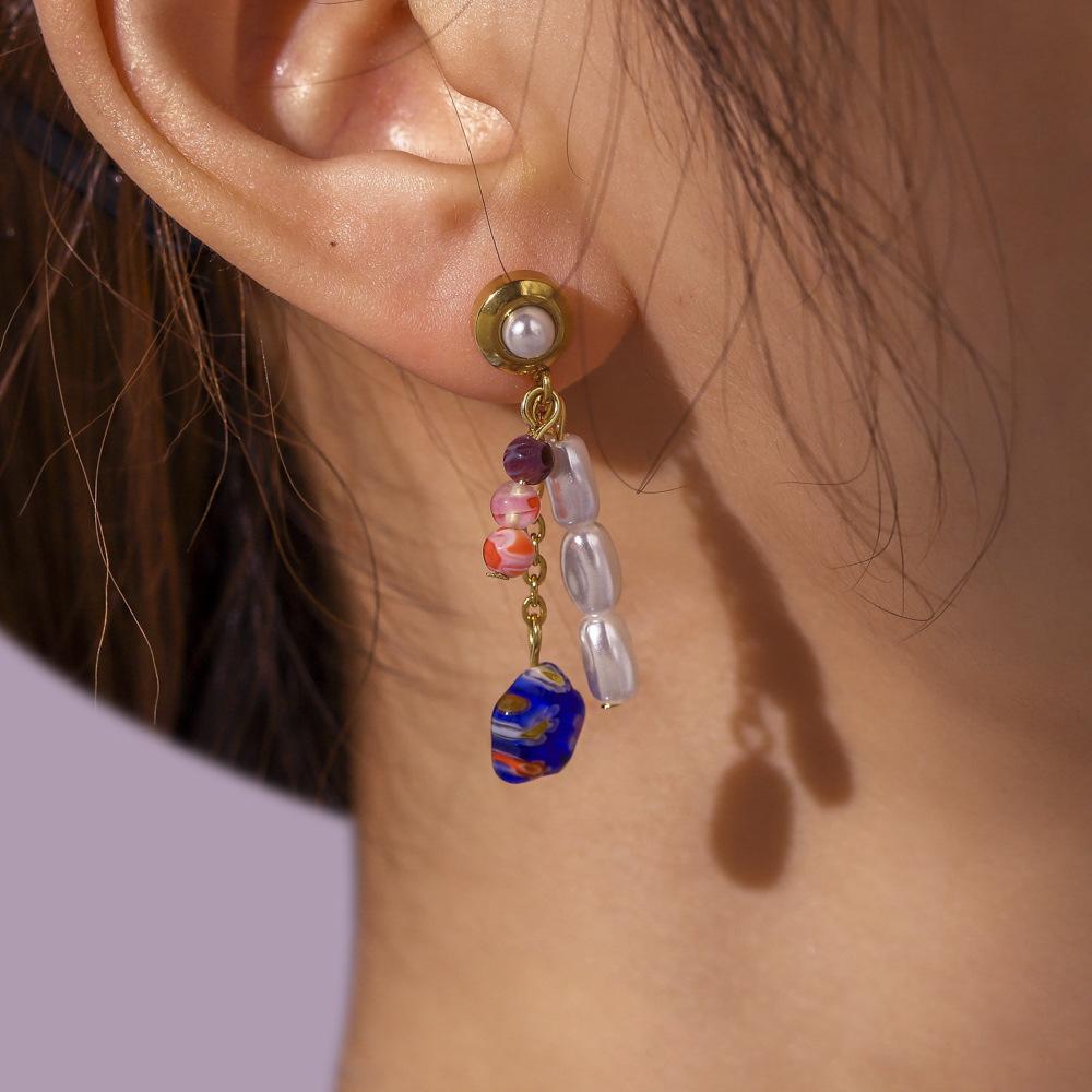 Fashion stainless steel special-shaped baroque imitation pearl mixed color glass flower earrings titanium steel elegant trendy earrings