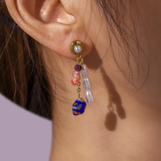 Fashion stainless steel special-shaped baroque imitation pearl mixed color glass flower earrings titanium steel elegant trendy earrings