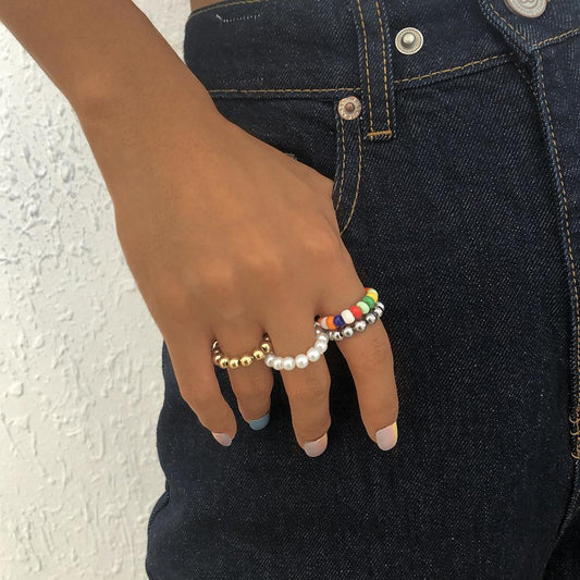 R679 Ethnic Temperament Ring Colorful Beaded Geometric Ring Retro Simple Exaggerated Pop Jewelry