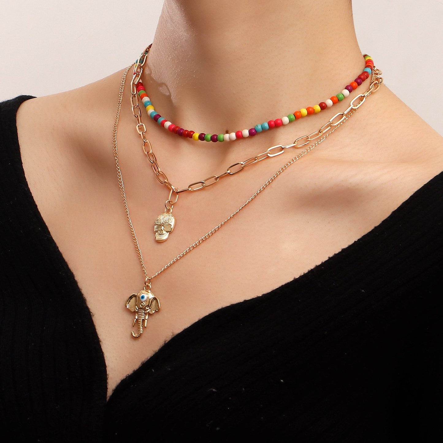Jewelry trend multi-element color turquoise elephant nose pendant necklace female ins skull necklace