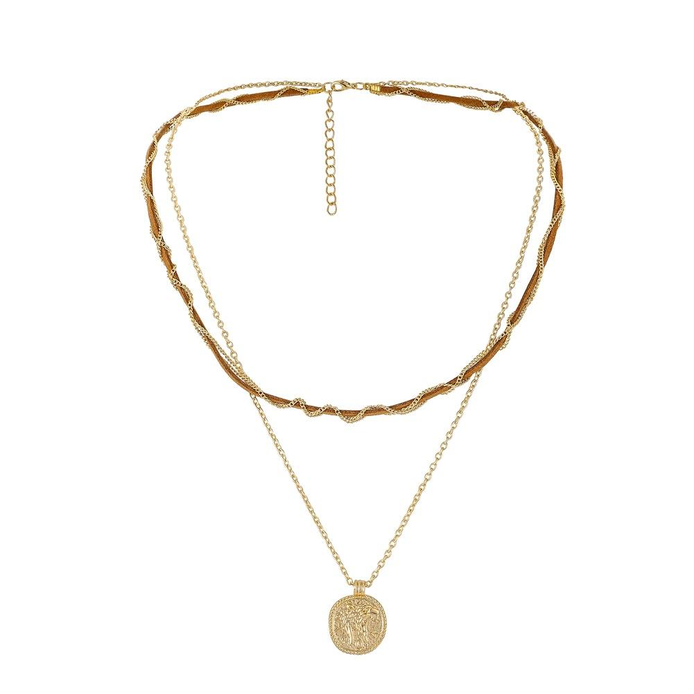 Ins simple personality double-layer suede rope chain winding coin pendant necklace clavicle chain female