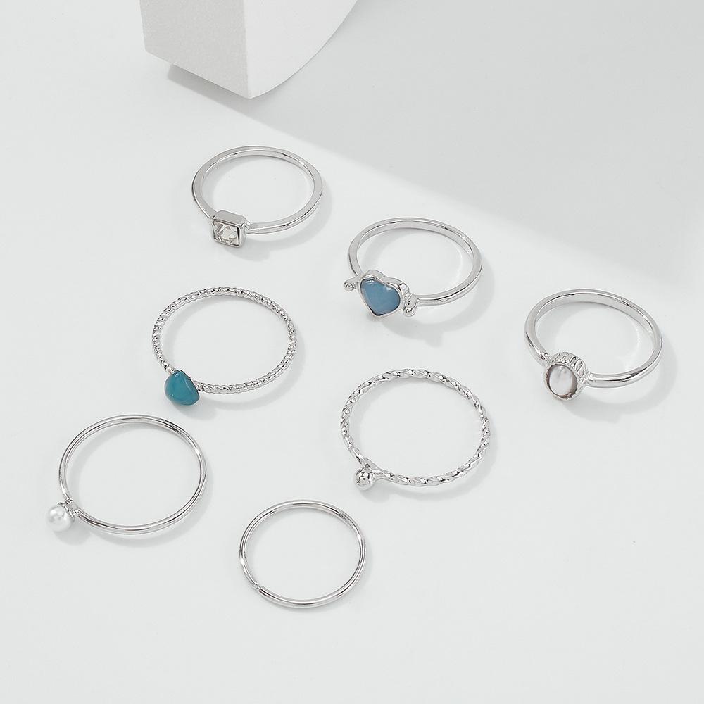 R447 fashion simple imitation pearl ring alloy diamond retro personality joint ring seven-piece set