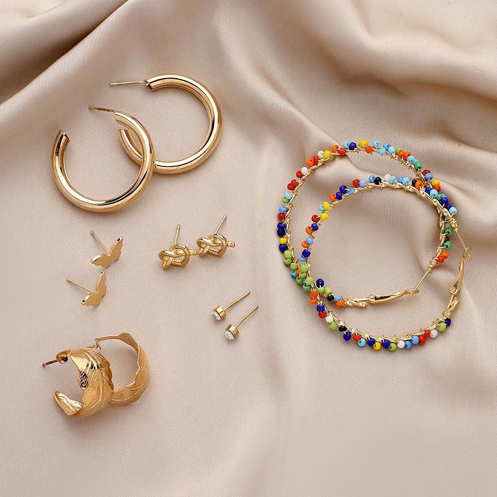 Trendy colored rice beads leaves butterfly heart C-shaped earrings earrings set bohemian earrings