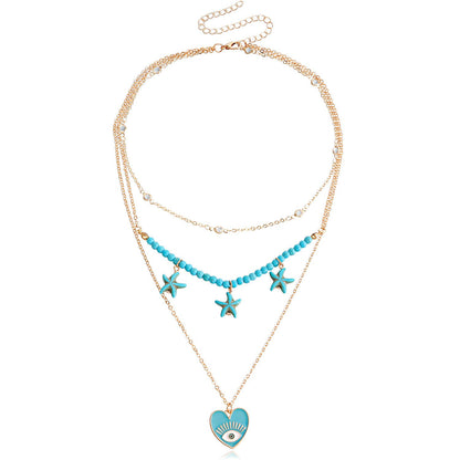 Beach Trend Devil's Eye Necklace Women's Multilayer Necklace Metal Starfish Ocean Jewelry