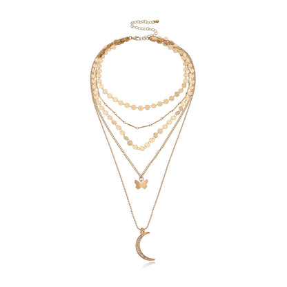 Jewelry Fashion Diamond Crescent Pendant Necklace Women's Popular Disc Chain Straight Tube Multilayer Necklace