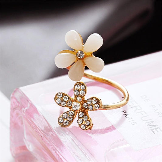 Opal flower open ring micro-paved diamond five-leaf flower ring popular jewelry