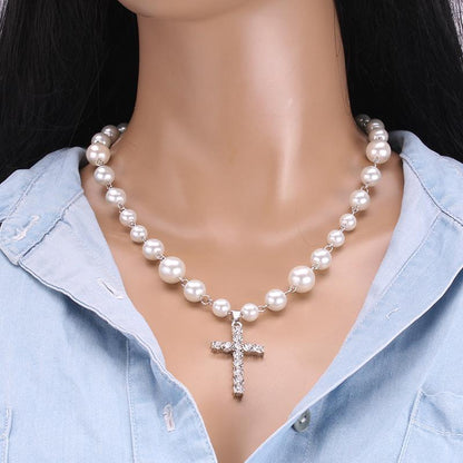 Stainless Steel Clavicle Chain Glass Pearl Set Diamond Cross Pendant Decorative Necklace