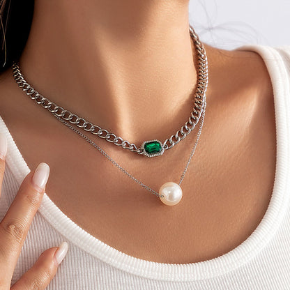 Jewelry imitation pearl thick chain mix and match necklace personality cold emerald double layer necklace