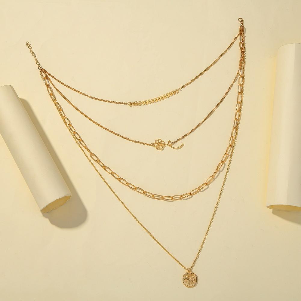 Fashion Metal Wheat Spike Flower Three Layer Necklace Retro Coin Pendant Trend Chain Clavicle Necklace