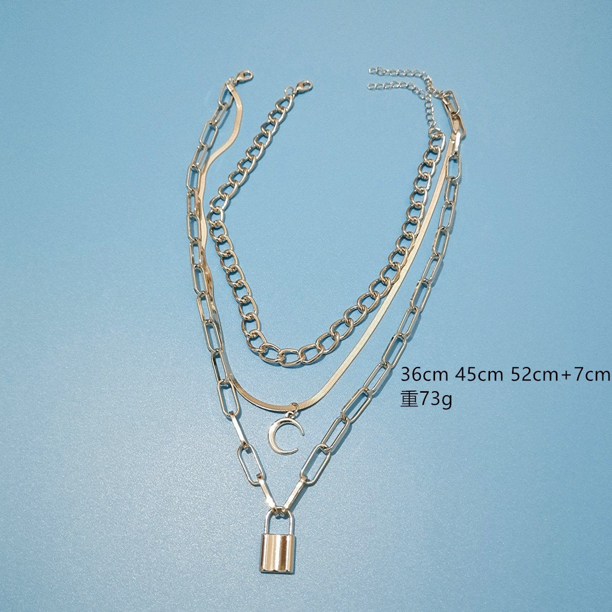 Jewelry Copper Snake Chain Crescent Pendant Necklace Women's Lock-shaped Multi-layer Sweater Chain Two-piece Set