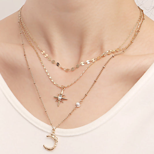 Accessories Simple and Versatile Star Moon Necklace Trendy Tassels Multi-layered Necklace Women