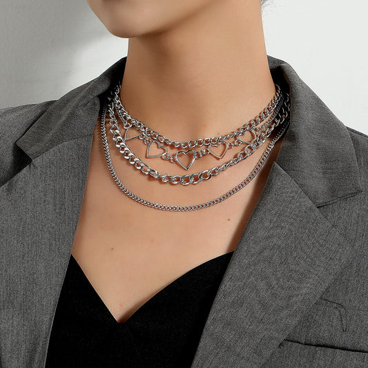 Jewelry Hip Hop Personality Geometric Set Necklace Simple Peach Heart Hollow Multilayer Chain Necklace Female