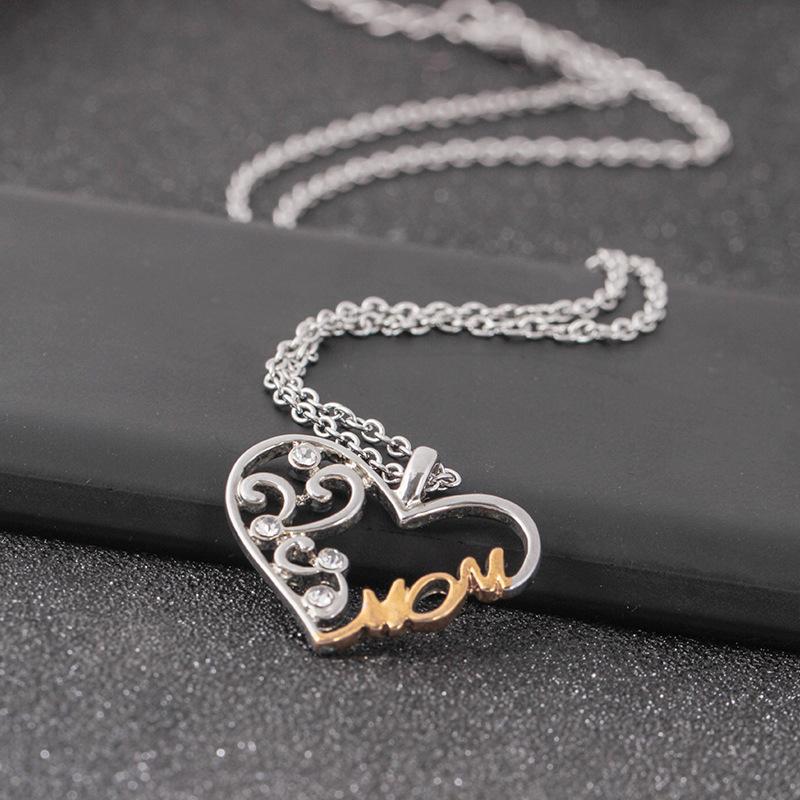 Fashion peach heart-shaped necklace mom letter hollow diamond pendant clavicle chain jewelry