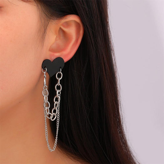 Ins black love earrings cold net red fashion heart-shaped chain earrings long tassel earrings tide