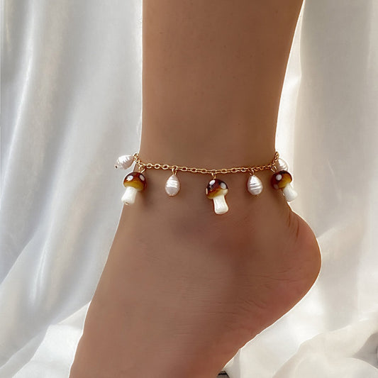 Jewelry niche three-dimensional tassel single-layer foot decoration creative mushroom imitation pearl pendant anklet female