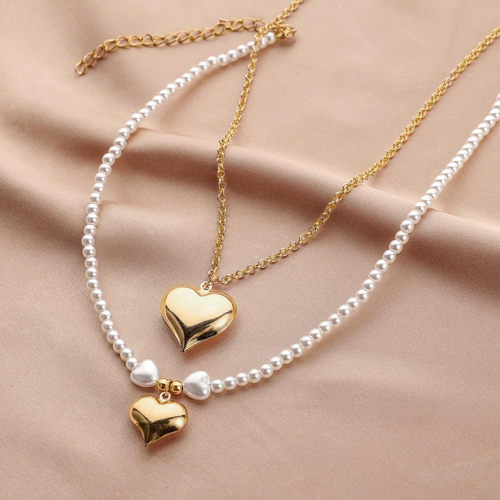 Fashion Simple Double Love Necklace Millet Beads Beaded Chain Pearl Necklace Clavicle Chain Women