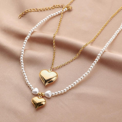 Fashion Simple Double Love Necklace Millet Beads Beaded Chain Pearl Necklace Clavicle Chain Women