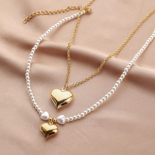 Fashion Simple Double Love Necklace Millet Beads Beaded Chain Pearl Necklace Clavicle Chain Women