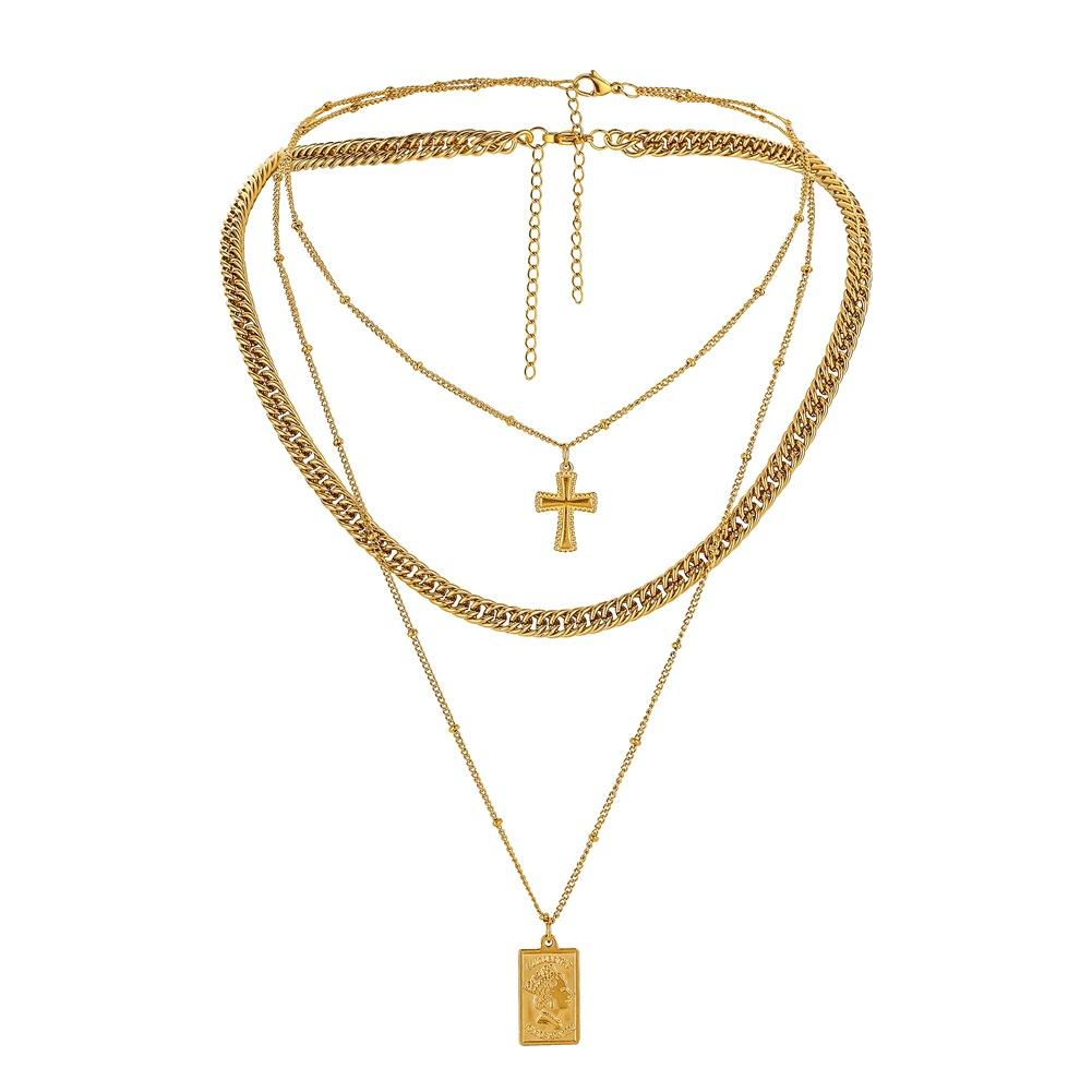 ins personalized fashion stainless steel gold-plated chain cross shield multi-layered choker necklace