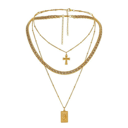 ins personalized fashion stainless steel gold-plated chain cross shield multi-layered choker necklace
