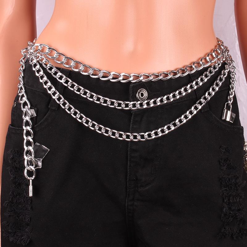 Double Padlock Fashion Three Layer Chain Pants Chain Metal Waist Chain Decoration Punk Rock Pants Chain Hip-hop Performance Accessories