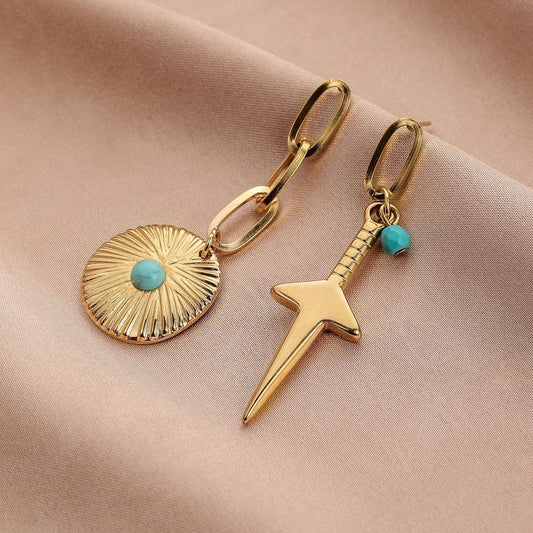 Personalized retro stainless steel gold asymmetric round coin turquoise sword earrings titanium steel trendy fresh earrings for women