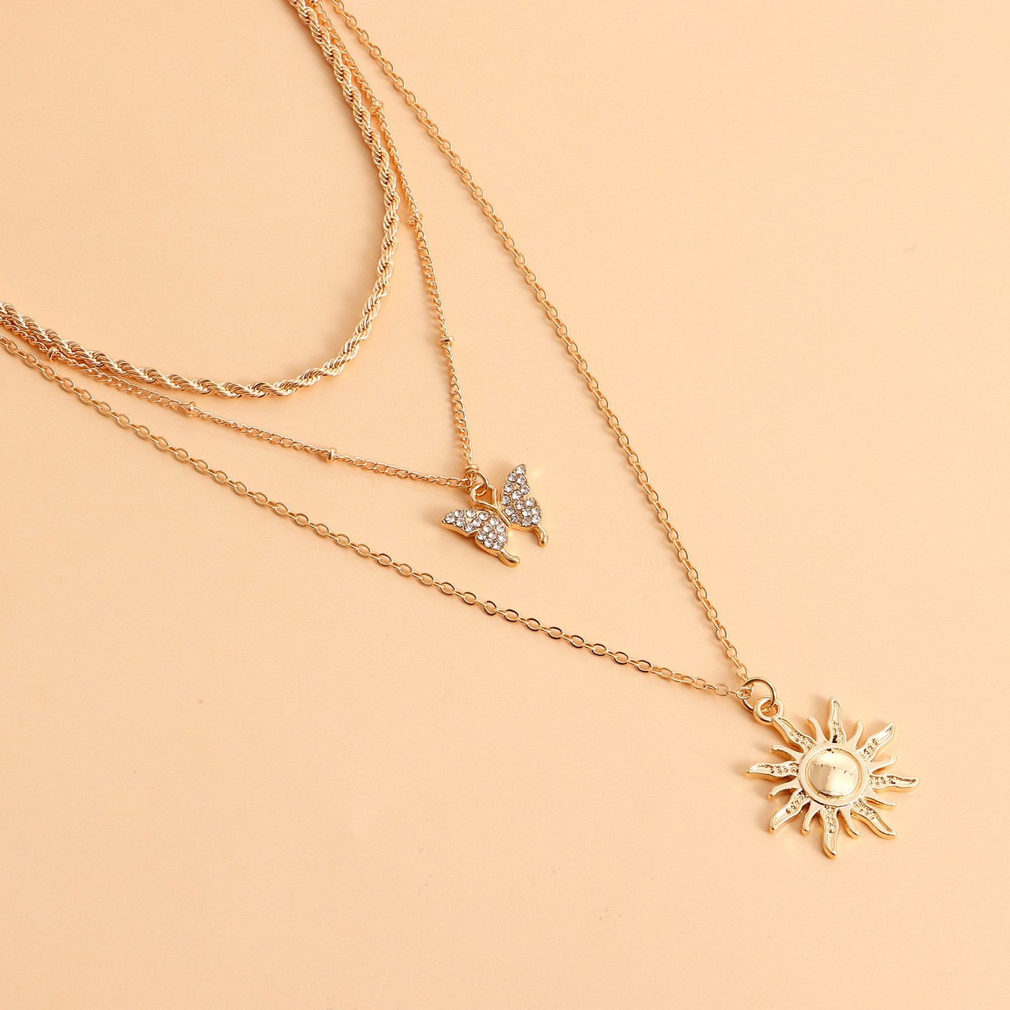 Jewelry trend double-layer micro-inlaid diamond butterfly sun pendant necklace female ins metal pendant