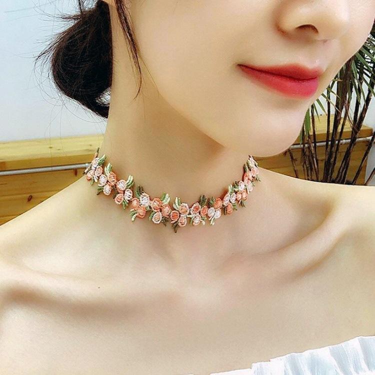 Jewelry Peach Pink Lace Necklace Embroidery Flower Necklace Collar Choker Necklace Clavicle Chain Female