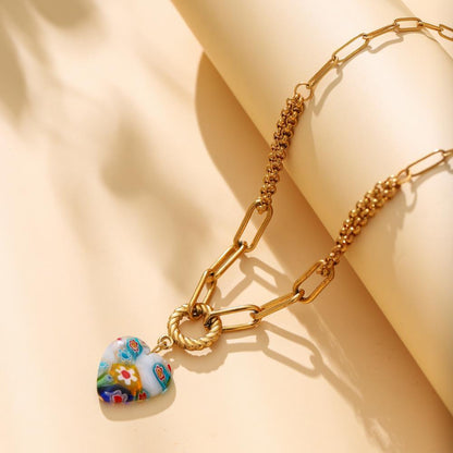 Personalized Stainless Steel Gold Love Glazed Flower Pendant Titanium Steel Sweet Cool Clavicle Necklace For Women