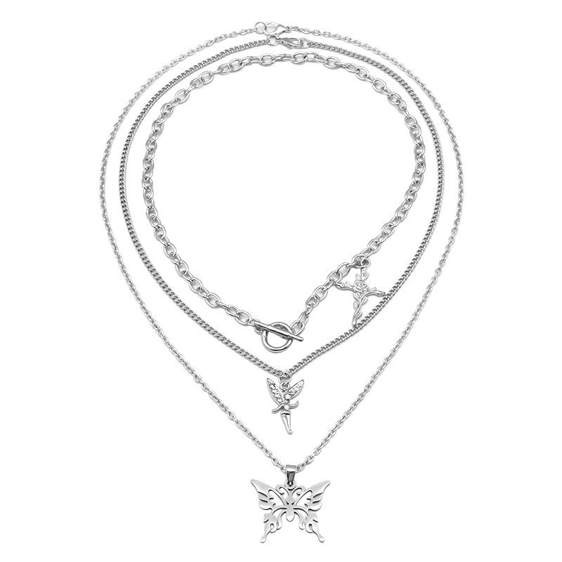 Hip-hop cross chain chain trendy street metal fashion design butterfly pendant clavicle chain multi-piece necklace