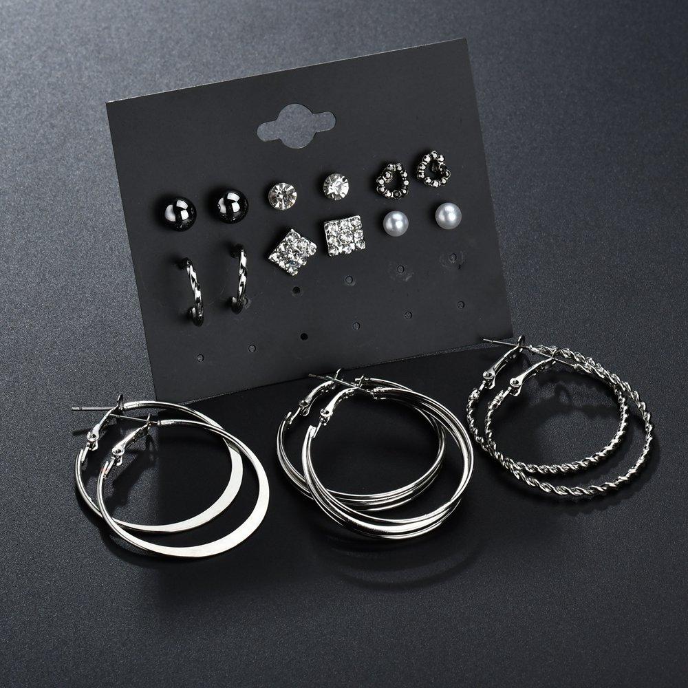 Earring Stud Set Silver 9 Pairs/Set Stud Earrings Circle Combination Set Jewelry Accessories