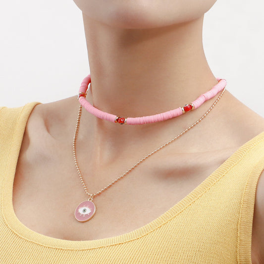 Jewelry Bohemia double-layer solid color soft pottery devil's eye pendant necklace female choker