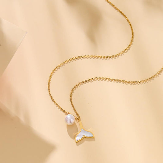Dolphin Mermaid Tail Titanium Steel Pendant Pearl Shell Creative Necklace Gold Adjustable Clavicle Chain