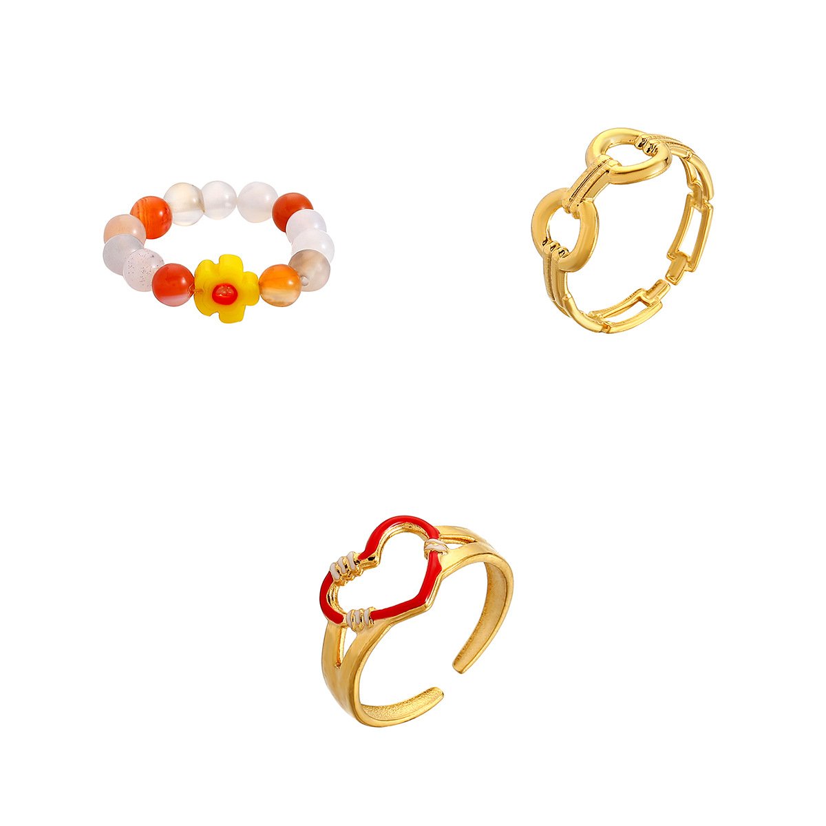 Personality light luxury niche fashion candy color stainless steel love circle small flower open ring set female