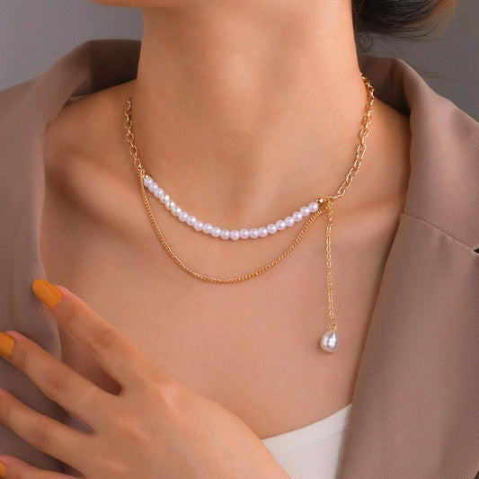 Elegant Temperament Water Drop Pearl Pendant Necklace Fashion Double Layer Necklace Accessories