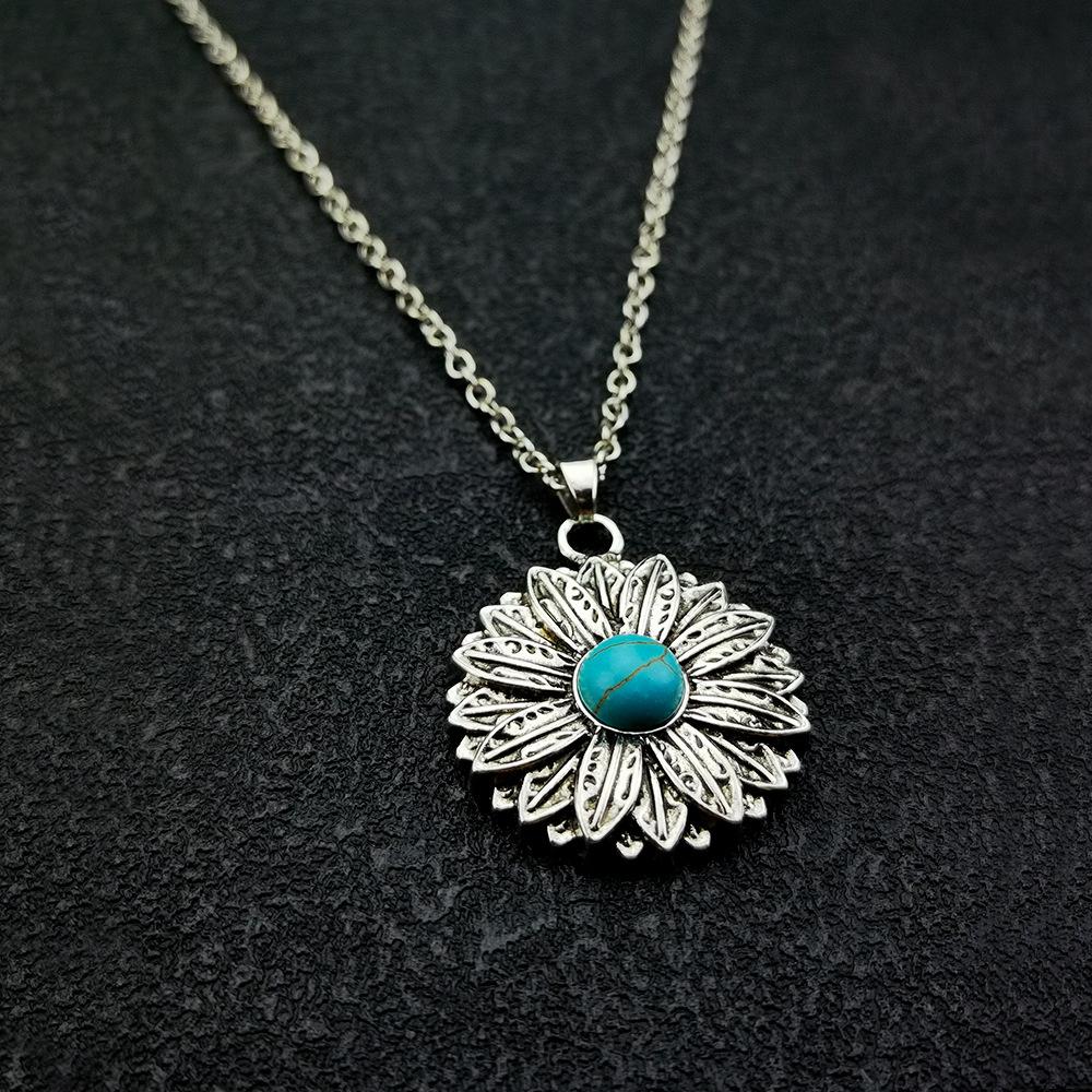 Jewelry Blue Turquoise Sunflower Pendant Necklace Women Vintage Boho Flower Jewelry