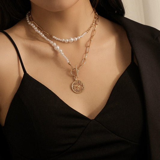 Creative Double Pearl Clock Necklace Fashion Stitching Clavicle Chain Ins Retro Fashion Jewelry