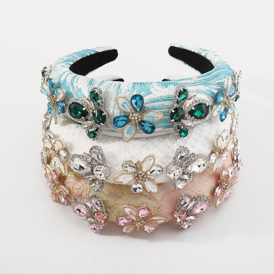 F4672 Jewelry Thick Sponge High Skull Light Luxury Headband Embroidered Flower Rhinestone Exaggerated Headband