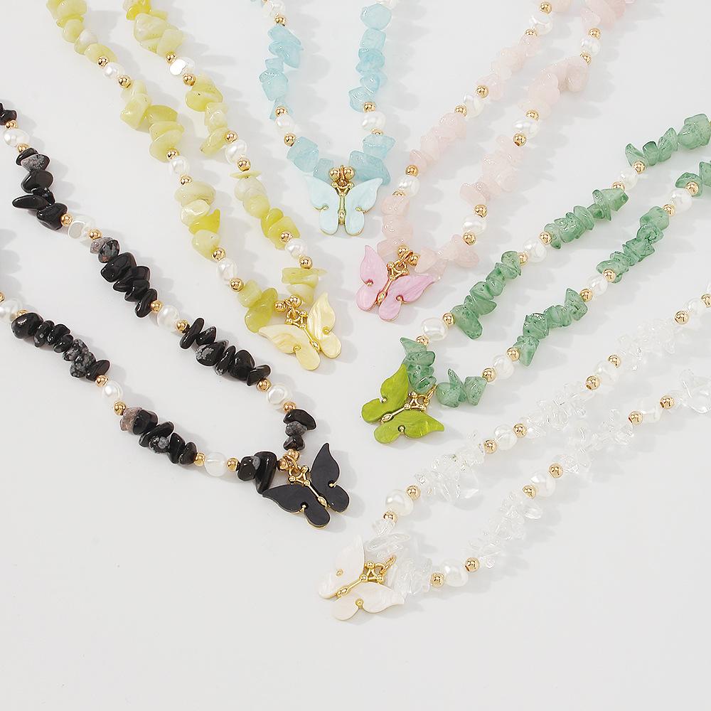 N9967 Net Red Necklace Female Xiaoxiang Retro Contrast Color Collarbone Necklace Imitation Pearl Butterfly Beaded Necklace