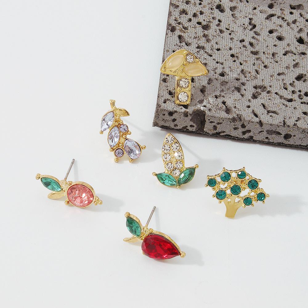 E1269 Simple Ear Stud Set Colorful Diamond Mushroom Broccoli Creative Earrings Fun Geometric Fashion Earrings
