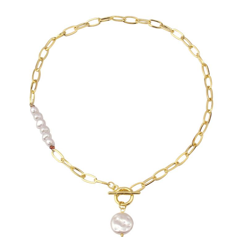 Jewelry Retro Metal Irregular OT Buckle Chain Necklace Versatile Pearl Advanced Sweater Chain