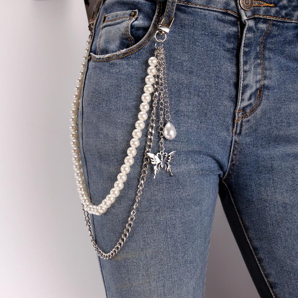 Harajuku homemade hip-hop retro double-layer stainless steel butterfly pants chain men and women hanging chain decorative waist chain pearl accessories